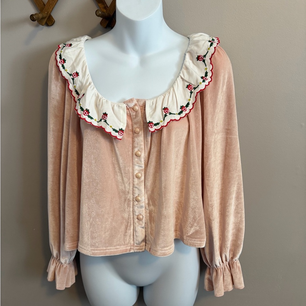 Tangerine Pink Velvet Strawberry Collar Top XL better fit for M/L